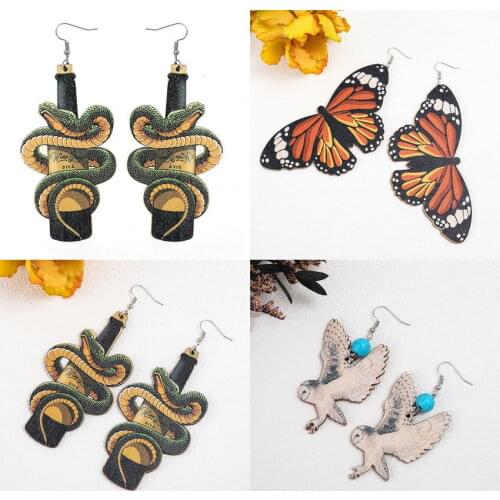 Natural Wood Butterfly Dangle Earrings for Women Exaggerated Python Enwind Wine Bottle Wood Earrings Fall Jewelry Free Shipping