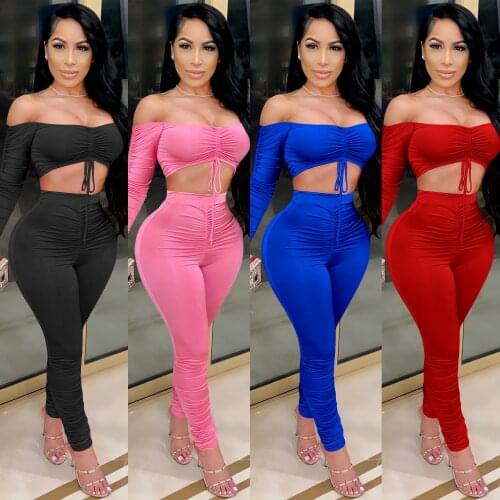 Solid Two Piece Set Off Shoulder Womens Set Long Sleeve Shirt Trousers Pants Set Outfits Drawstring Sexy Club Tracksuits