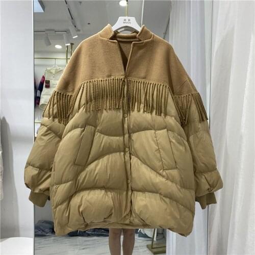 Tassel Stitching 90% white duck Down Jacket Ladies Fashion Stand Collar Loose Large Size Winter Coat Female Warm Down Overcoat