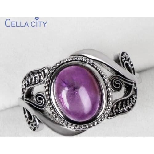 Cellacity Vintage amethyst 925 silver ring with round natural gemstone Wedding Engagement silver women Fine Jewelry Size 6-10
