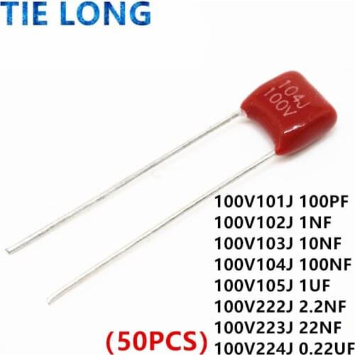 100PCS 100V 101J 102J 103J 104J 105J 222J 223J 472J 473J 0.01UF 0.1uF 1UF 1NF 2.2NF 4.7NF 10NF 100PF P=5MM CBB Capacitors P5