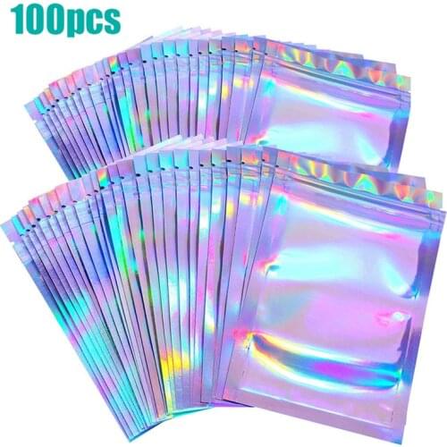 100 pcs Zip lock Bags Pouches Cosmetic Plastic Laser Iridescent Bags Holographic Makeup Bags Hologram Zipper Bags