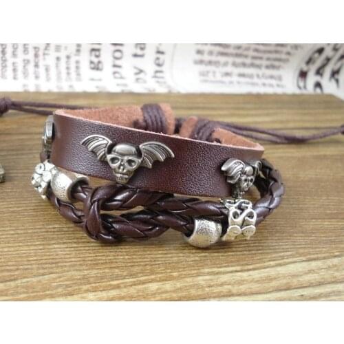 2013 trendy bohemian Angel wings skull heads charms beads wrap belt buckle unisex mens leather Bracelet for women