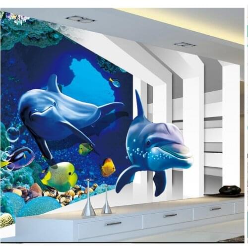 3D wall murals wallpaper custom picture mural wall HD 3D Ocean World Dolphin TV Wall paper 3d wallpaper living room decoration