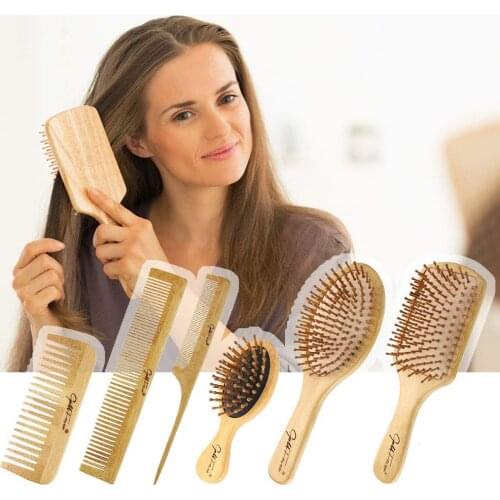 6pcs Bamboo Hairbrush Bamboo Bristles Hairbrush Set With Tail Comb Tooth Comb Double Head Comb Leather Massage Cushion Comb