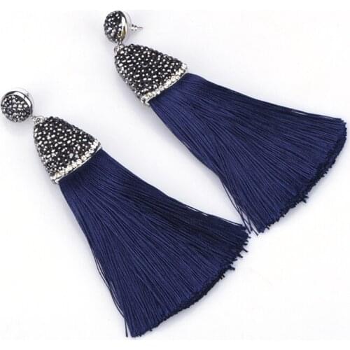 Boho Dark Blue Navy Blue Chunky Silk Thick Tassel with Blak Rhinestone Cap Charm Studs Top Long Dangle Tassel Earrings For Women