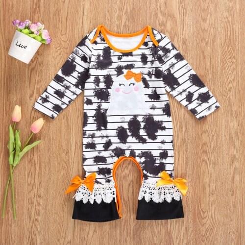 Newborn Baby Girls Halloween Jumpsuits Round Neck Long Sleeve Tie Dye Cartoon Long Romper Overall Clothes