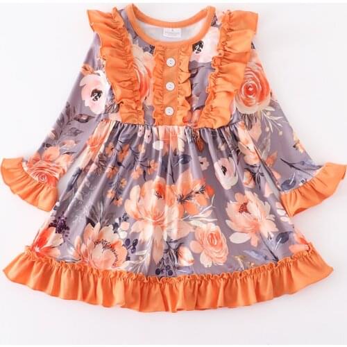 Girlymax Sisters Wear Fall/Winter Baby Girls Orange Floral Flower Ruffles Dress Knee Length Romper Milk Silk Kids Clothing