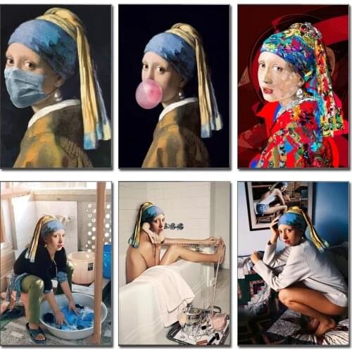 Girl with Pearl Earrings Creativity Painting Poster HD Pictures Printed on Canvas Used for Room Home Aesthetics Decor Wall Art