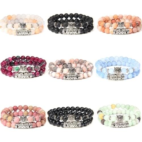 Aventurine Beads Owl Charm Bracelet 2pcs/set Couple Distance Bangles For Women Men Love Friendship Statement Jewelry Pulsera