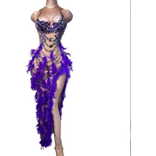 Purple long dress feather rhinestone sparkly crystal tight high slit designer dresses runway sexy party birthday women wedding