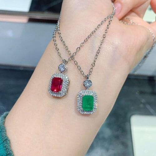 KNRIQUEN 6*8mm Simulation Ruby Emerald Lab Diamond Pendant Necklace 925 Sterling Silver Natural Stone Chains Fine Women Jewelry