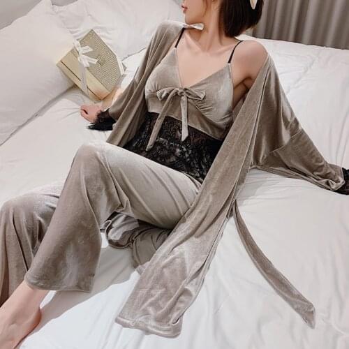 Robe&Gown Sets 3Pieces Warm Winter Pajamas Women Sexy Lace Gowns kimono Sleepwear Nightwear Homewear Gold Velvet pijamas