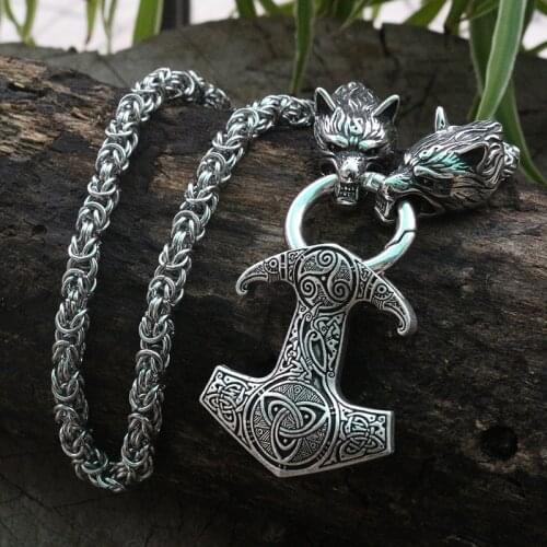 Viking wolf head Men stainless steel necklace with viking raven mjolnir pendant norse talisman ethnic jewelry