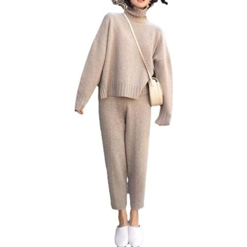 New Autumn Winter Knitted Tracksuit Turtleneck Sweatshirts Fashion Women Suit clothing 2 Piece set Knit pant Female Pants suit
