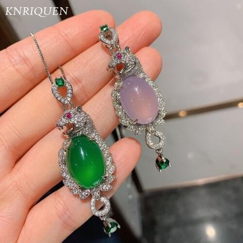 Violet Jade Ice Chalcedony Animal Pendant Necklace for Women Silver Plated Lab Diamonds Fine Jewelry Anniversary Gift for Ladies