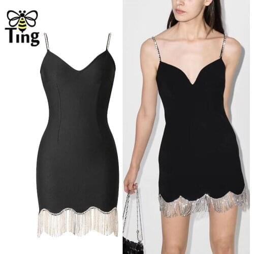 Tingfly Desinger Sexy V Neck Luxury Crystal Glitter Tassel Black Mini Short Dress Summer Diamond Strap Sexy Dark Clubwear Party