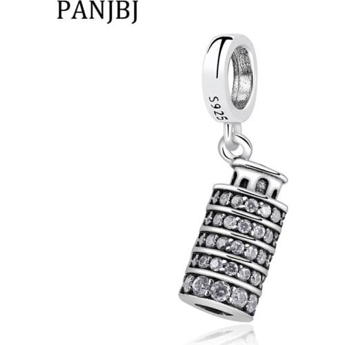 New 100% 925 Sterling Silver Bead Charm Leaning Tower Of Pisa Crystal Pendant Charms Fit Bracelets Women DIY Jewelry