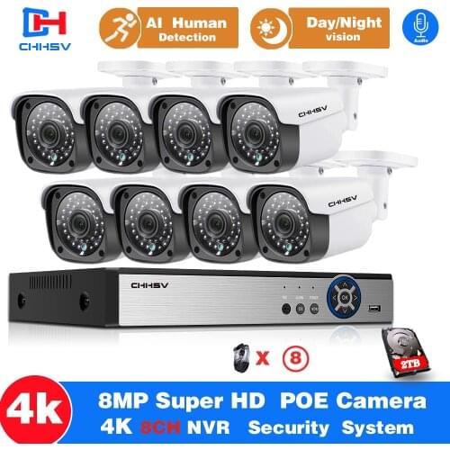 4K Ultra HD 16CH 8MP NVR POE CCTV Camera Security System Kit Audio AI 4pcs/8pcs IP Camera Outdoor Night Vision Surveillance Set