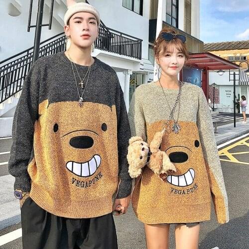 Funny Bear Oversize Sweaters Men 2020 Winter High Streetwear Fashion Mens Pullovers Round Neck Vintage Couple Sweaters