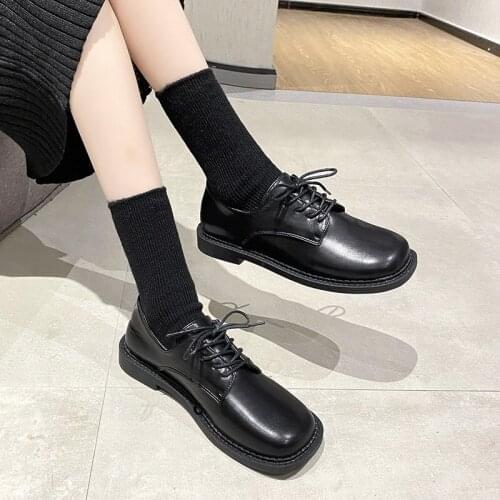 Spring Autumn Women Oxford Shoes Lace Up Leather Shoe Square Toe Lolita Black Casual Shoes 2021 New Fashion zapatos mujer 8872G