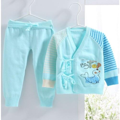 High quality new borne baby knitted cotton romper set with belt YZP-1 blue
