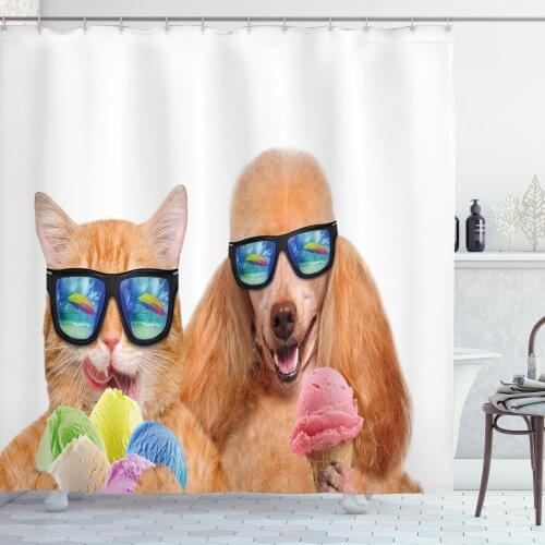 Cat and Dog Shower Curtain Set Funny Animals Enjoying Ice Cream Curtain for Bathroom Decor 12 Hooks Decorative Bath Accessory