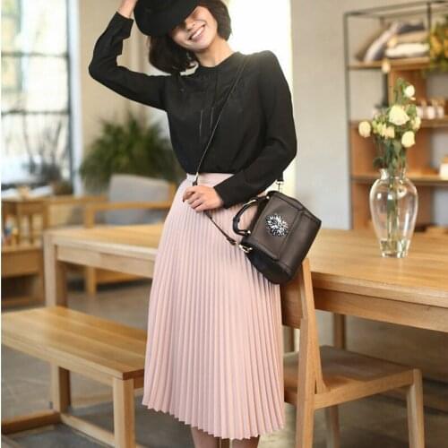 High Waist Solid Half Length Pleated Skirts Ladies Black Pink Midi Skirt Spring Summer Fashion Women Skirt 2021 Elastic