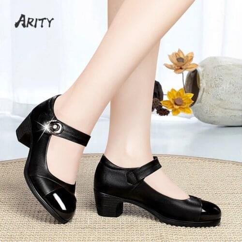 Women Soft Leather Shoes Light Weight Wine Red Office Square Heel Pumps Lady Casual Quality Black Pu Mary Jean Working Shoes