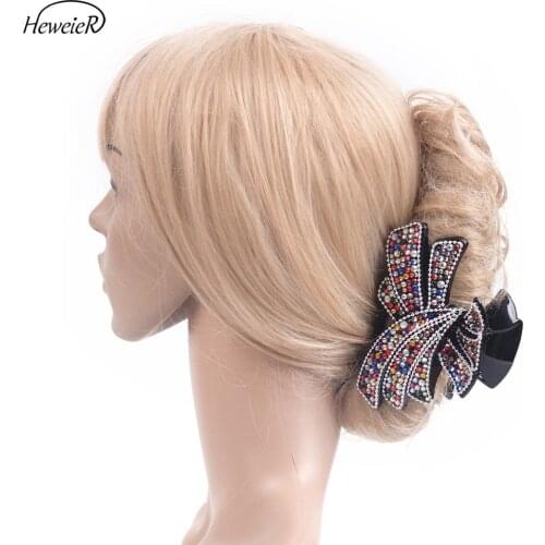 Women Plastic Rhinestone Crystal Stones Chains Large Hair Crab Claws Clamp Clip Bow Grip Holding Hairpiece Headwear Accessories