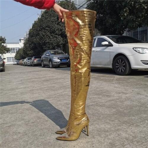 Botas High Heel Over The knee Stiletto Gold Leather Thigh High Crotch Boots Night Club Sexy Ladies Runway Trendy Shoe Woman