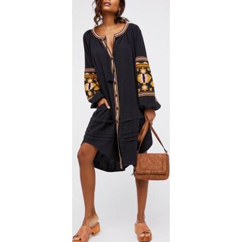 Boho dress 2020 autumn cotton floral embroidery large lantern long sleeve o-neck loose style long Hippie brand women dresses