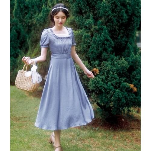 Women Summer Elegant Vintage Blue Chiffon Long Ladies Retro Fresh Sweet Lolita Casual Formal Midi Dress ropa mujer