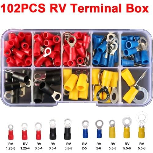102pcs RV Ring Cable Wire Connector Electrical Crimping Terminals Copper Wire Insulated Cord Pin End Butt Mixed O type Kit Box