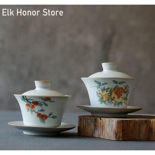 160ml Vintage Ru Kiln Tea Tureen Hand Painted Pomegranate Coarse Tea Lid Set Sancai Tea Cup Mugs Office Decoration Accessories