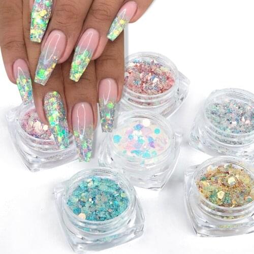 6Pcs Iridescent Glitter Nail Art Chameleon Flake Mixed Hexagon Design Mirror Sequins Shiny Paillette Nail Art Decorations Tools