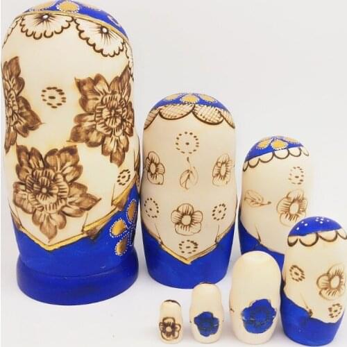 7pcs Blue Russian Nesting Dolls Wooden Matryoshka Toys for Children Kids Gift D5QF