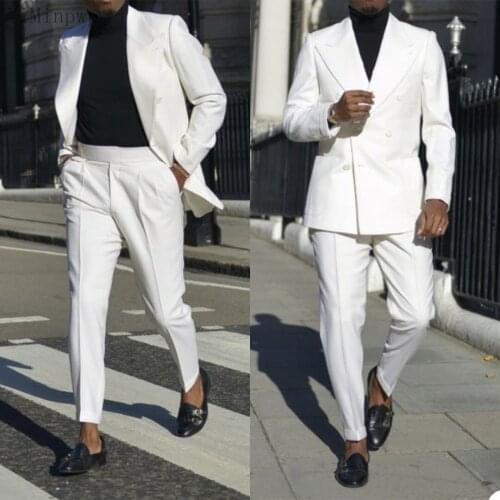 YiMinpwp White Men Suits 2 Piece Peaked Lapel Double Breasted Blazer Jacket Men Tuxedos Groom Wedding Suit Jacket+Pant