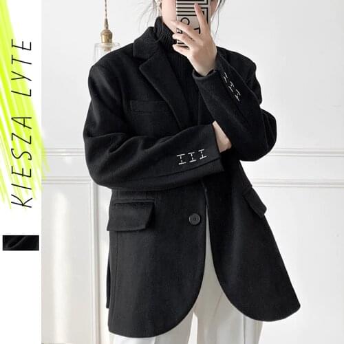 Black Woolen Suit Jacket for Women 2021 New Winter Spring Thickened Loose Stitching Casual Suits Blazer Coat Female Outwear