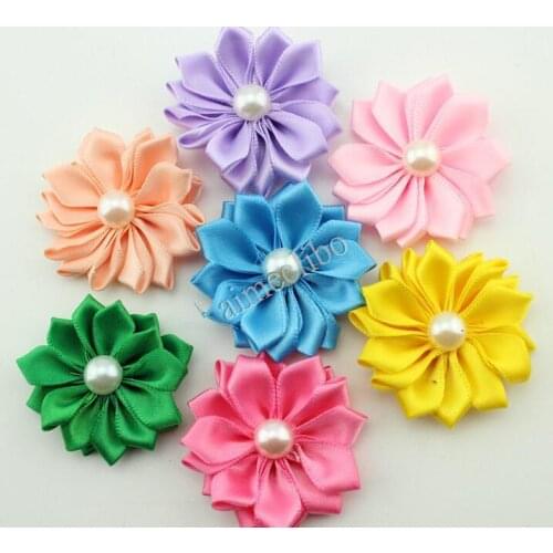 DIY Flower Without Clip, Pearl Center Satin Ribbon Multilayers Flower With Girls Hair Accessories