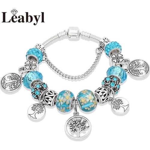 Dropshipping HOT Lake Blue Crystal Bead Bracelets & Bangles Silver Plated DIY Flower Tree Charm Bracelet Casual Jewelry Gift