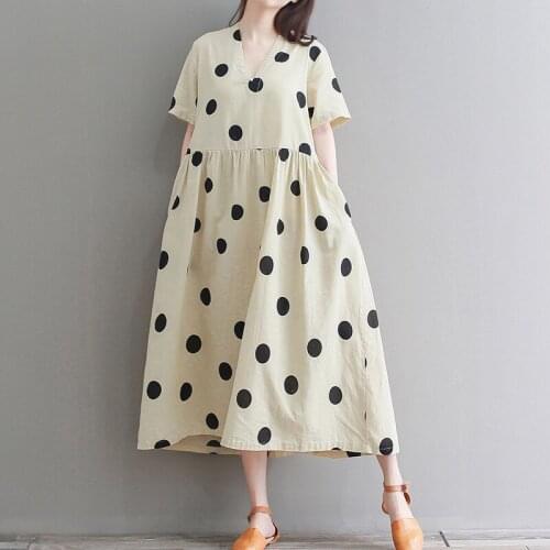 European womens fashion polka-dot cotton and linen plus size dress new loose skirt