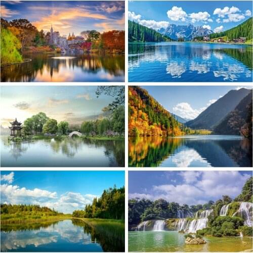 Laeacco Natural Landscape Photo Backdrops Cloudy Sky Forest Waterfall Mountains River Room Decor Photography Backgrounds Props