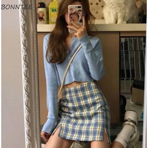 Plaid Skirts Womens 2020 New Spring Summer High Waist High Split Females Korean A-line School Mini Skirt Sweet Lovely Chic Lady