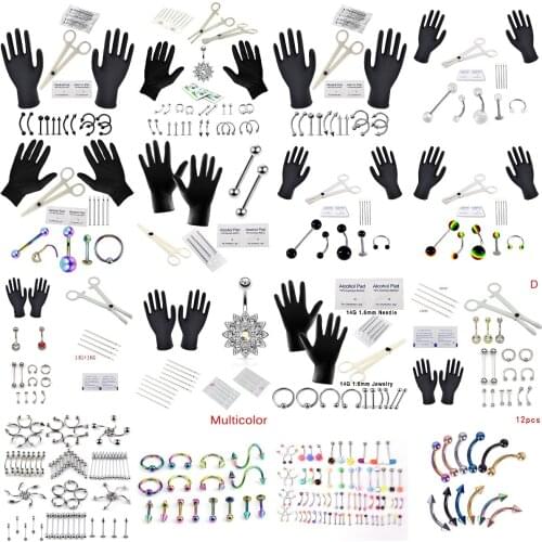1Set Tongue Eyebrow Nose Belly Button Body Jewelry Piercing Rings Clamp Gloves Needles Tool Kit Ear Plug Prong Studs Hot Sale