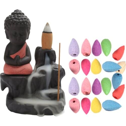 20pcs Incense Cones 1pcs burner Little Monk Buddha Incense burner Censer Little Monk Waterfall Backflow Stove Holder Home Decor