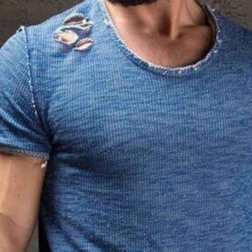 Summer Solid Color Men T shirt Short Sleeve Cotton Blend Hole T Shirt Top Pullover Plus Size T Shirts