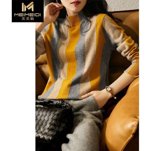 2021 New Fashion Half Turtleneck Vertical Stripes Top Sweater