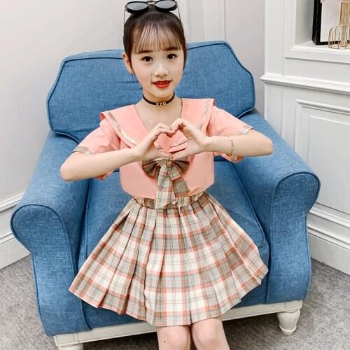 New Summer Girls Sets 3-13 Years Old Childrens Clothes Plaid Skirt and T-shirt Two Pieces Bow Kids Casual Clothes for Girl