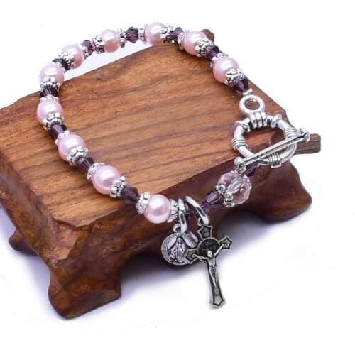 Wholesale pink Rosary Crystal Bracelet &catenary Heart Central Rosary Holy Mercy Jesus Icon Bracelet Religious Gift Center